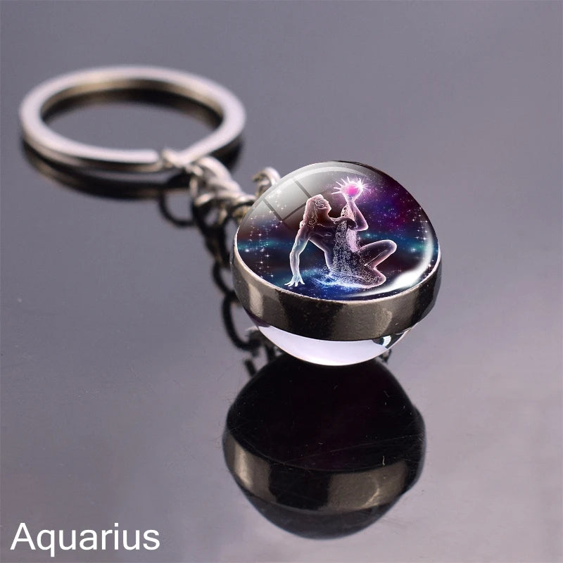 12 Zodiac Sign Keychain Sphere Ball Crystal Key Rings Scorpio Leo Aries Constellation Birthday Gift for Women and Mens