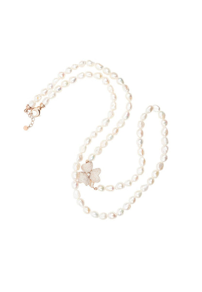 Flower Pearl Gemstone Long Necklace White Cz Rosegold