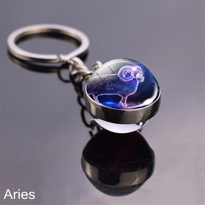 12 Zodiac Sign Keychain Sphere Ball Crystal Key Rings Scorpio Leo Aries Constellation Birthday Gift for Women and Mens