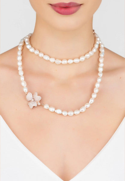 Flower Pearl Gemstone Long Necklace White Cz Rosegold